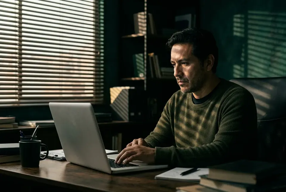 Hombre buscando su información en internet desde un laptop
