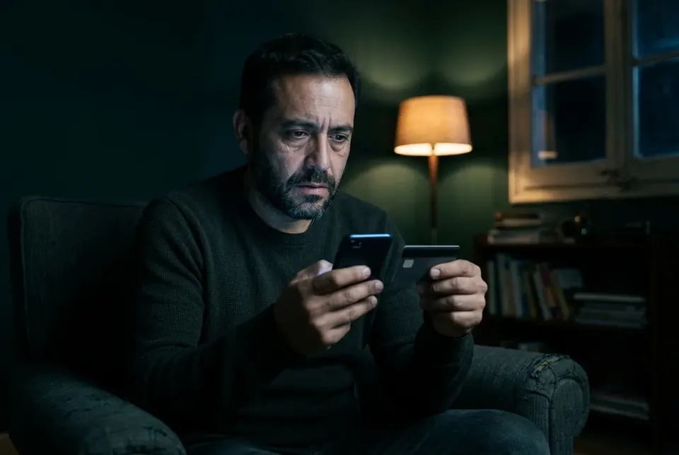 Persona dudando con el teléfono y la tarjeta antes de pagar en línea