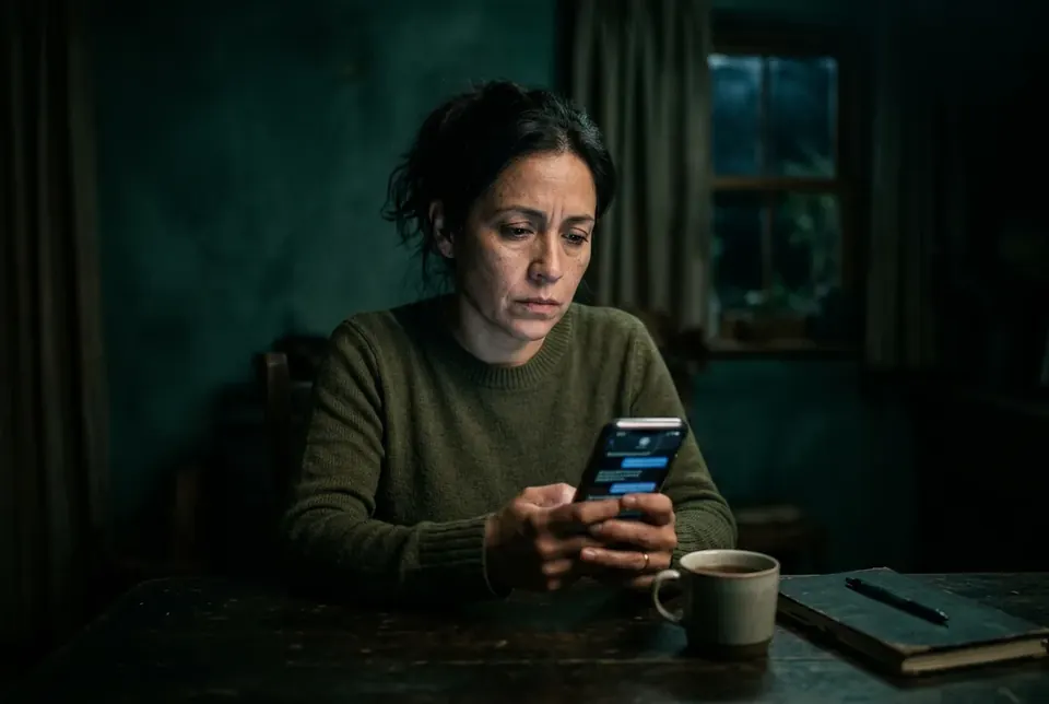 Mujer revisando conversaciones en su teléfono con gesto serio